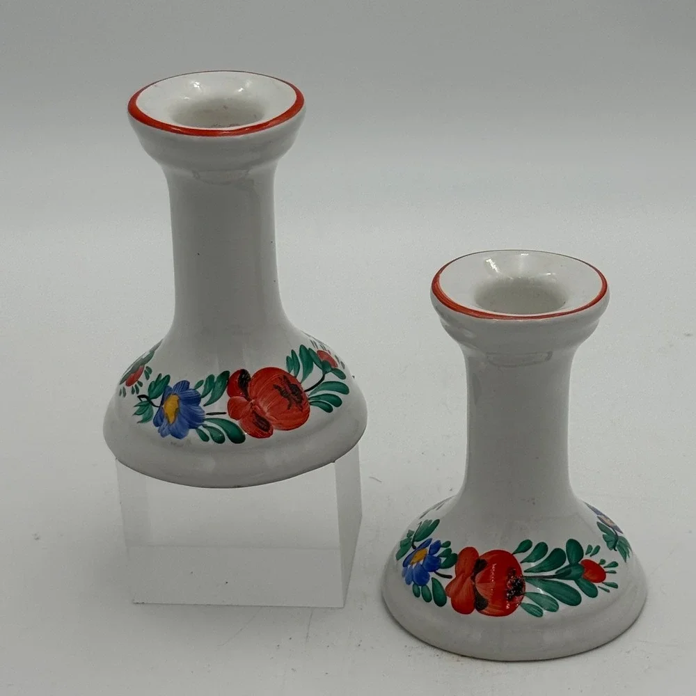 Vintage Hand Painted Hungary Folk Art Ceramic Candlestick Holders Set of 2 White